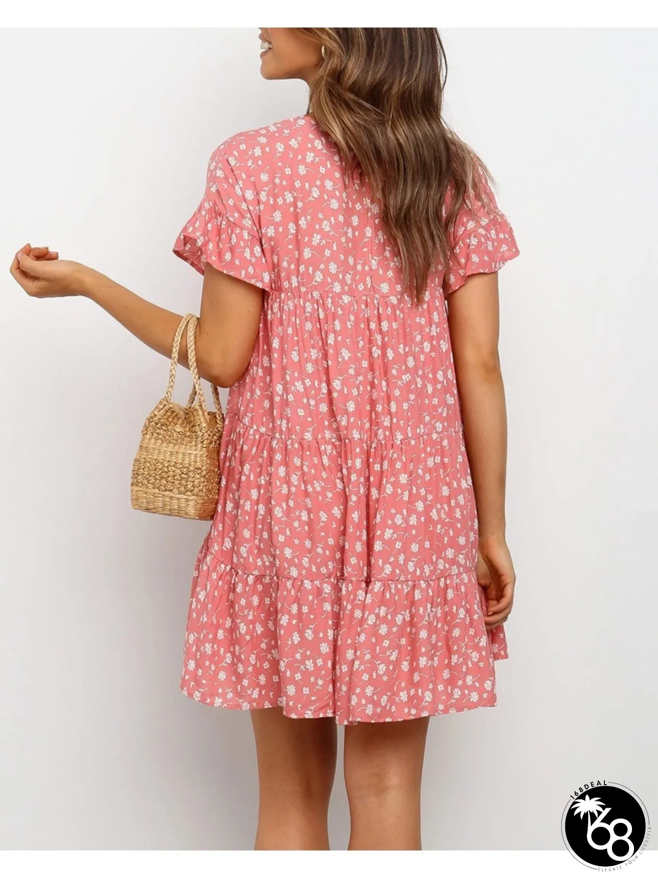 Womens Boho Floral Print Ruffle Mini T-Shirt Dress Yellow White Loose Swing Casual Summer | 168DEAL
