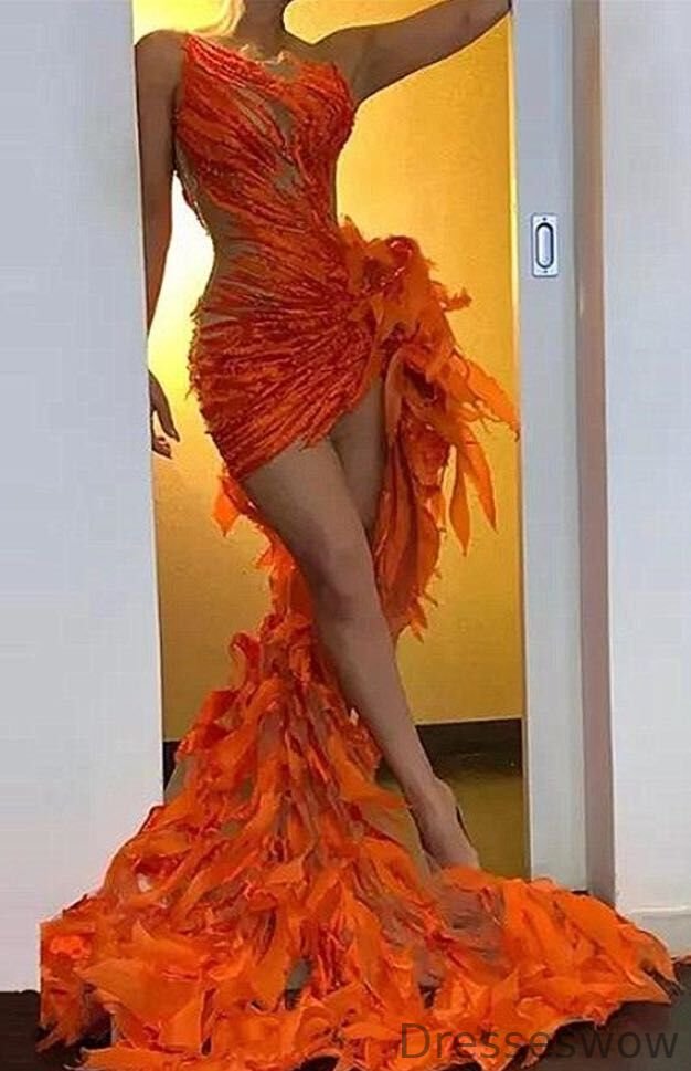 Dresseswow Orange Sleeveless Mermaid Prom Dress Hi-Lo With Ruffles