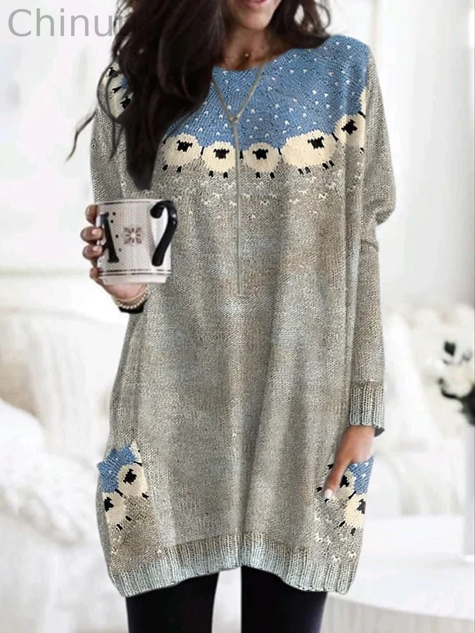 Retro Sheep Color Block With Pockets Print Dress