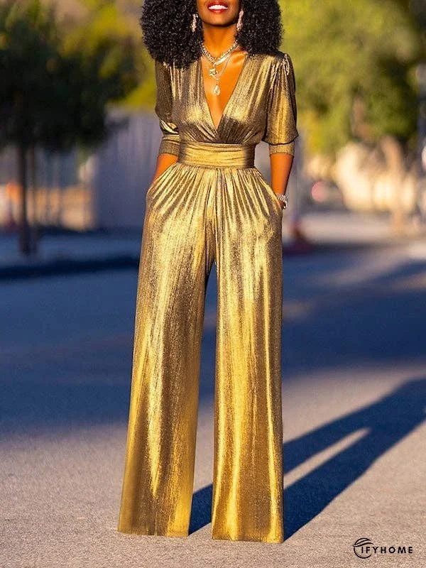 High Waisted Three-Quarter Sleeves Pleated Solid Color Deep V-Neck Jumpsuits | IFYHOME