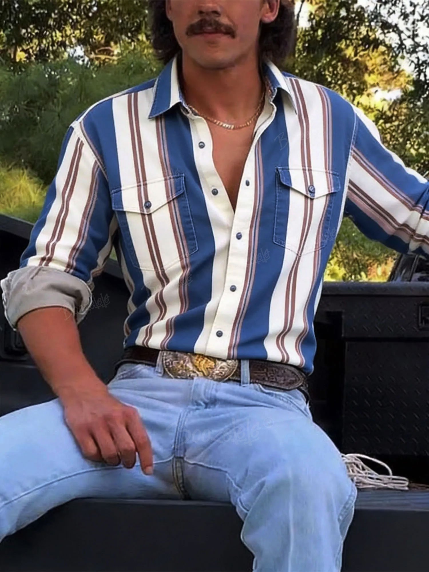 Men'S Western-Style Casual White And Blue Striped Shirt&ndash; 100% Cotton Shirt