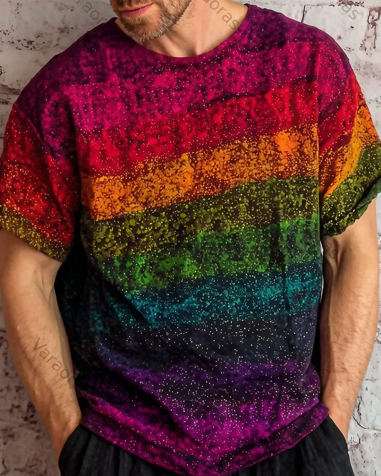 Men's Summer Fashion Rainbow-Colored  Linen Short-Sleeve Top 9834