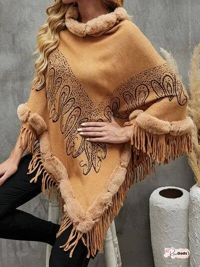 Graphic Fringe Cape Sleeve Poncho