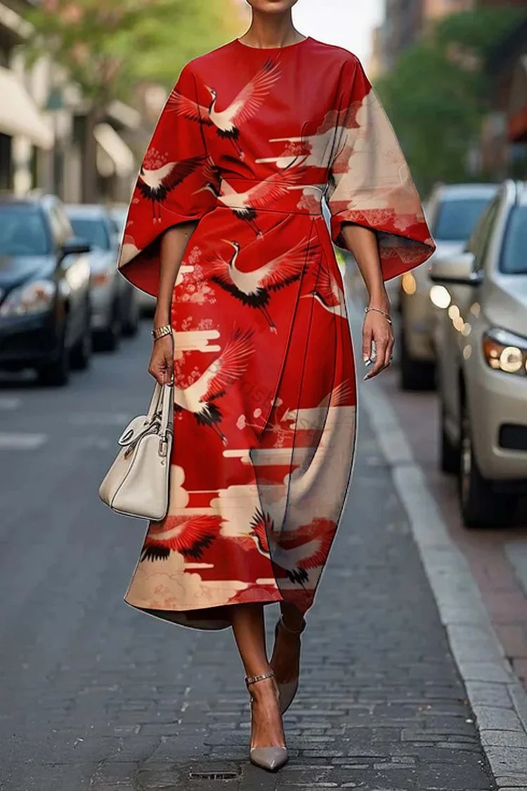 Women's Japanese Crane Art Print Midi Dress