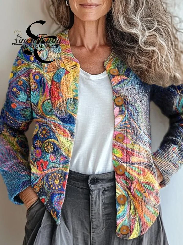 Women's Colorful Phoenix Pattern Print Casual Button Cardigan Sweater