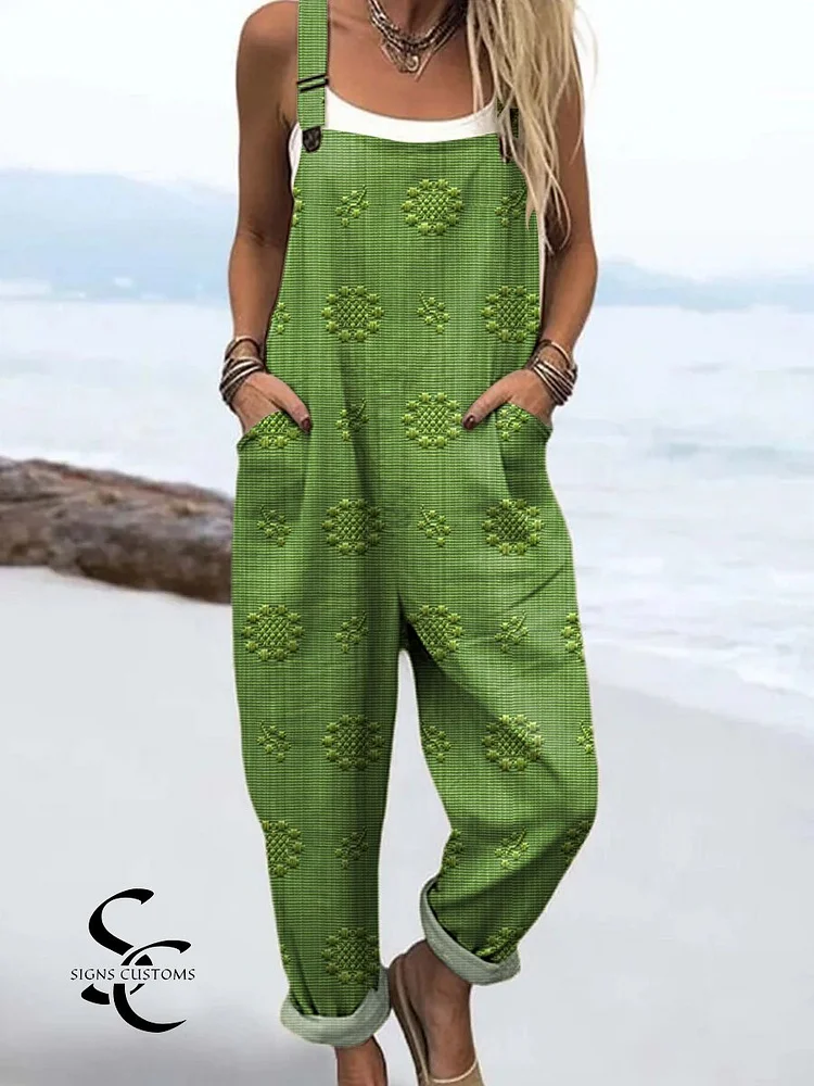 Women's Vintage Floral Pattern Art Print Casual 100% Cotton Wide Leg Jumpsuit
