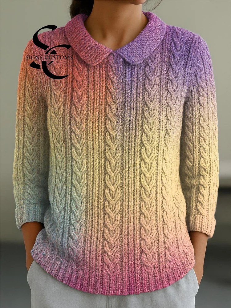 Women's Gradient Pattern Art Print Casual Peter Pan Collar 3/4 Sleeve Sweater