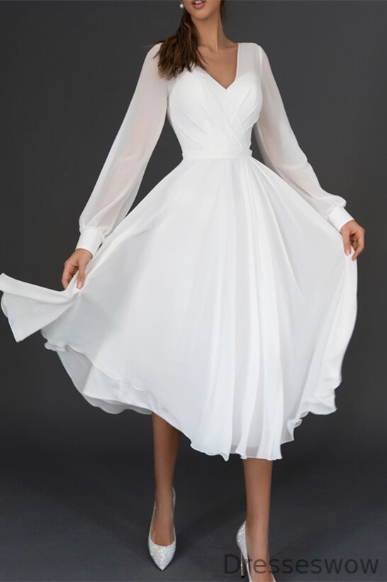 Dresseswow Long Sleeves Chiffon Wedding Dress V-Neck Online