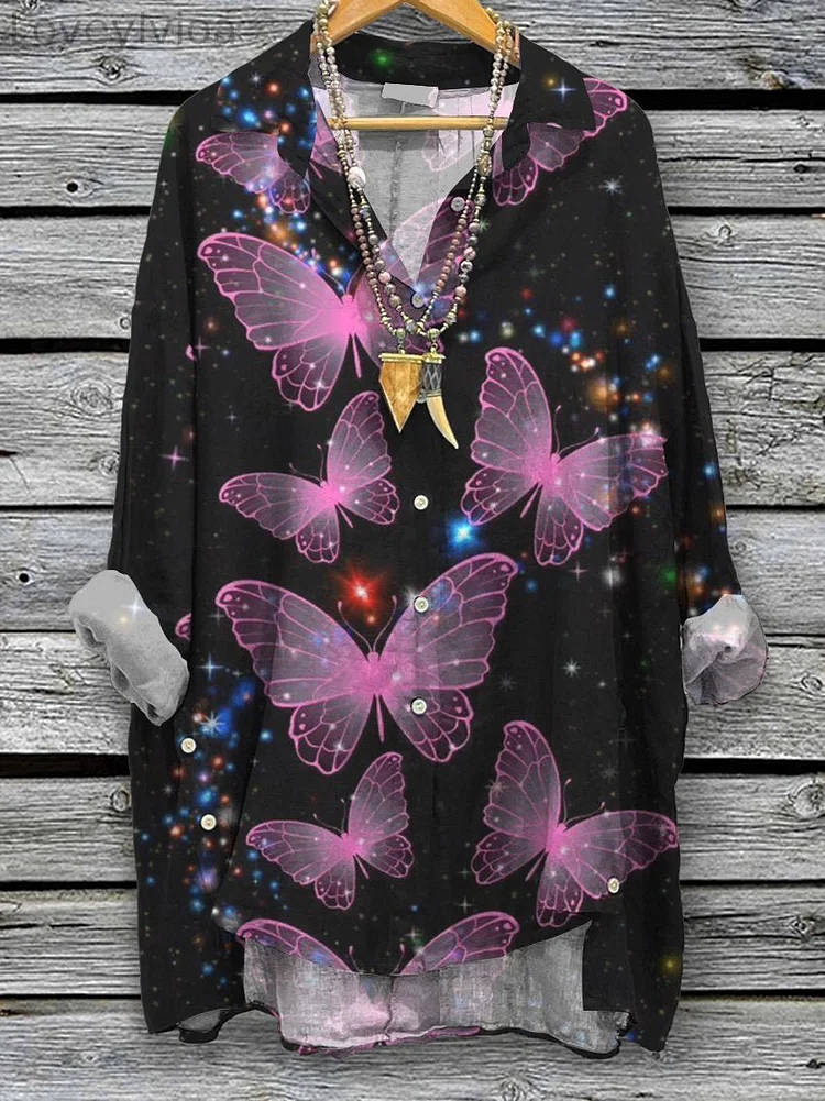Women's Vintage Butterfly Print Casual Cotton And Linen Shirt
