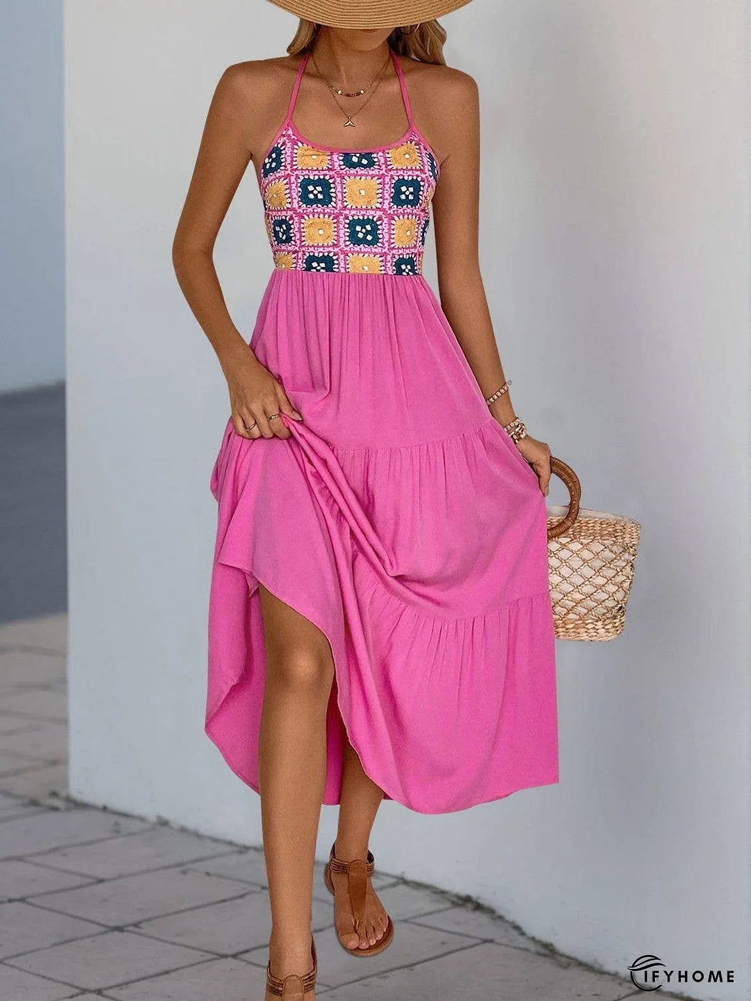 Perfee Printed Halter Neck Tiered Midi Dress | IFYHOME