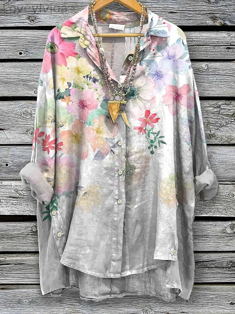Women's Color Flowers Spring Print Casual Cotton And Linen Shirt