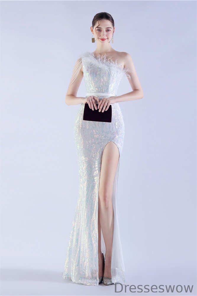 Dresseswow One Shoulder Sequins Evening Dress Slit Mermaid Long With Feather