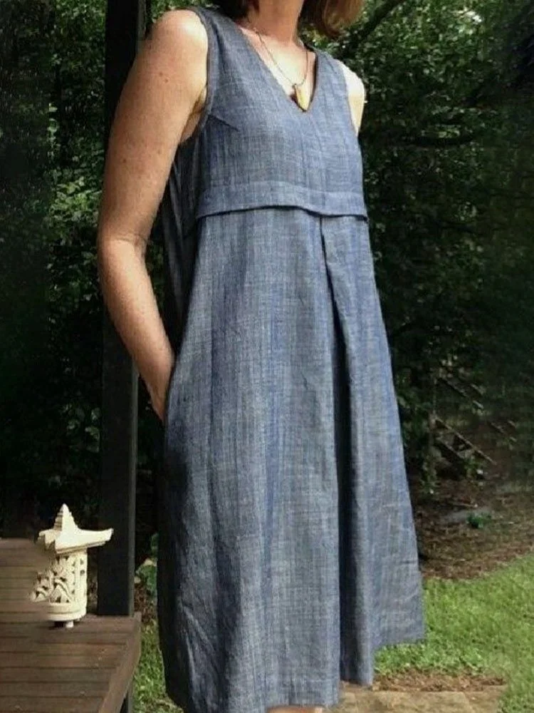 Classical Pleated Women's V-Neck Linen Tank Dress