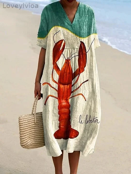 Women's Vintage Fish Lobster Art Print Flowy Dress