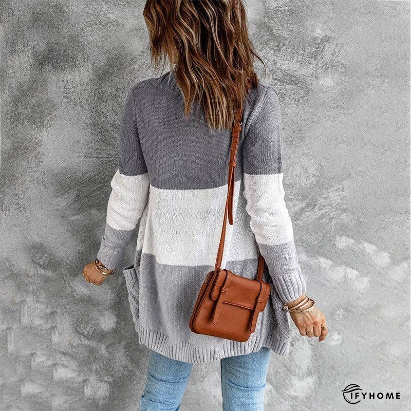 Contrasting Striped Open Front Twist Flower Mid-Length Sweater | IFYHOME