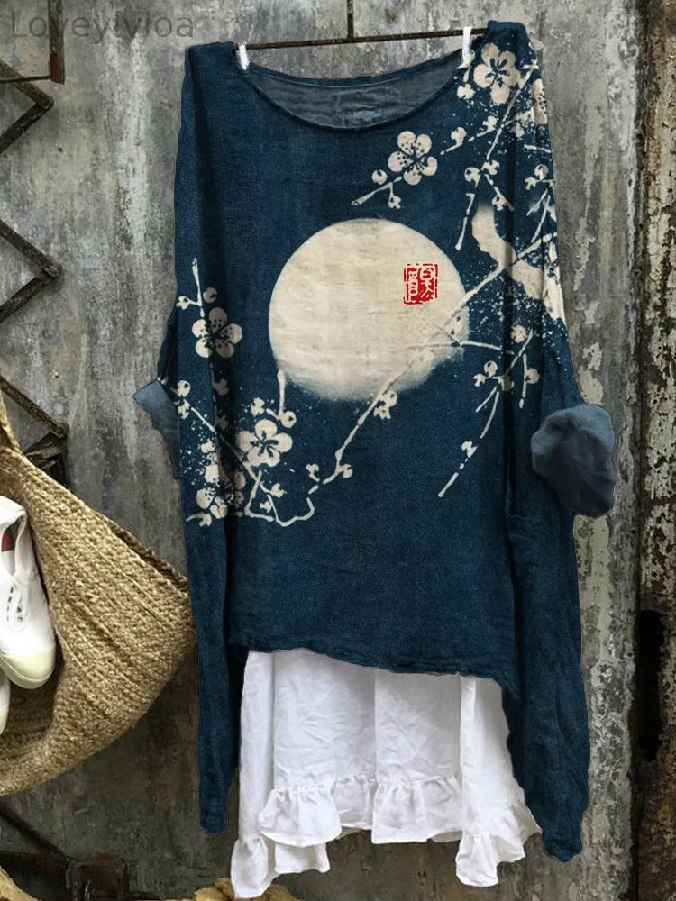 Plum Blossom Full Moon Japanese Art Linen Blend Tunic