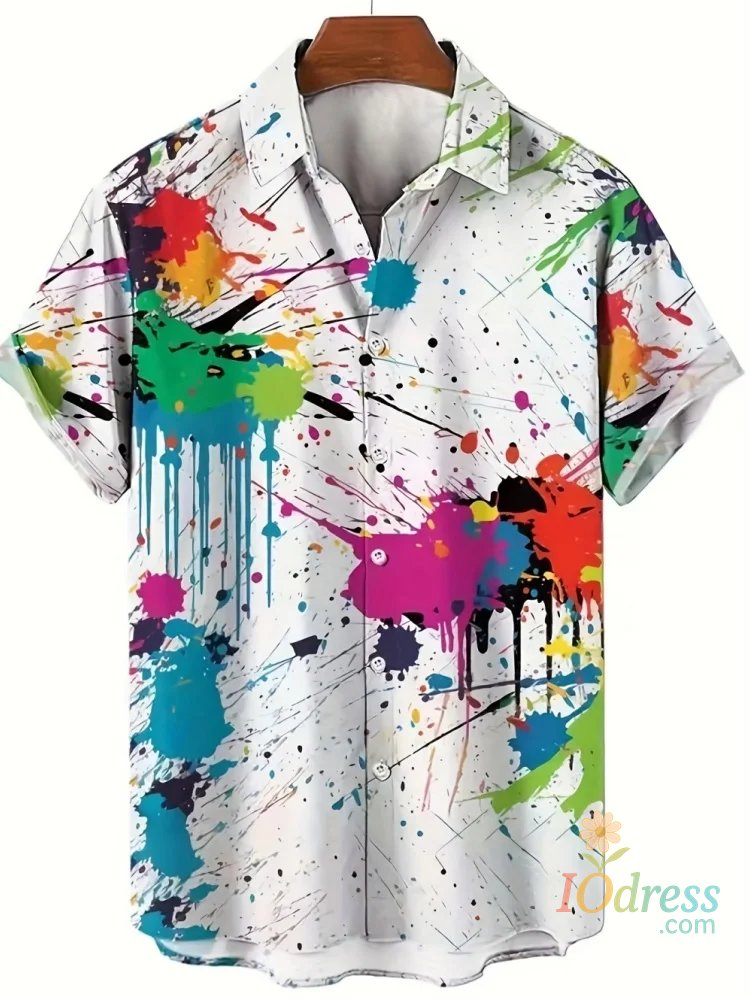 IO Menswear Men's Summer Casual Shirt Vibrant 3D Print Graffiti Art Short Sleeves Lapel Button-Up Top Stylish Streetwear Colorful Shirt Man