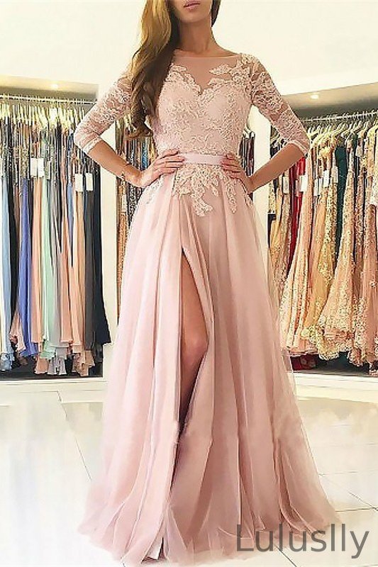 Luluslly Pink 3/4 Sleeves Appliques Prom Dress With Split