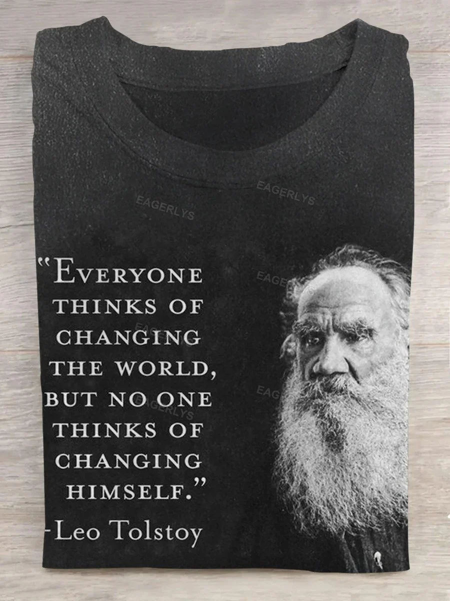 Eagerlys Vintage Quote Everyone Thinks Of Changing The World Print T-shirt Eagerlys
