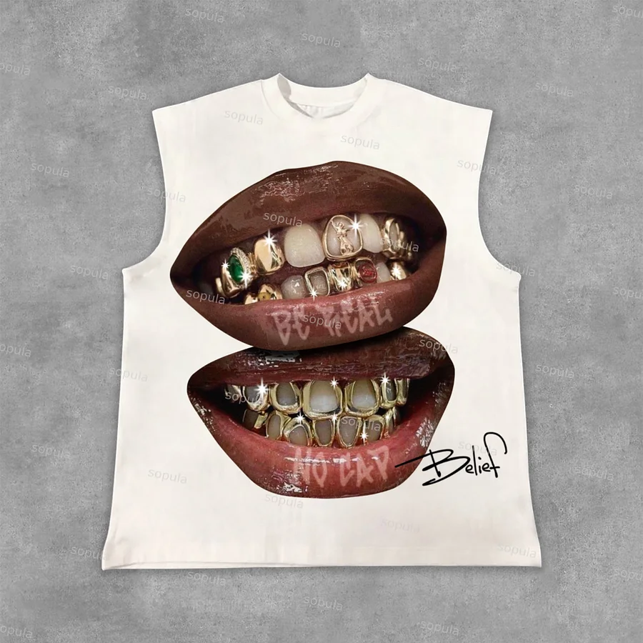 Sopula Street Style Yellow Gemstone Braces Lip Graphic Sleeveless Vest