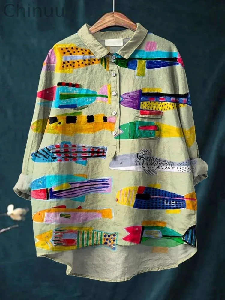 Fish Printed Women's Casual Cotton And Linen Shirt