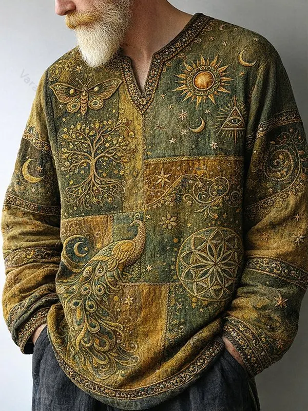 Men's Mysterious Hippie Style Peacock Sun And Moon Art Print V Neck Long Sleeve T-Shirt 62dc