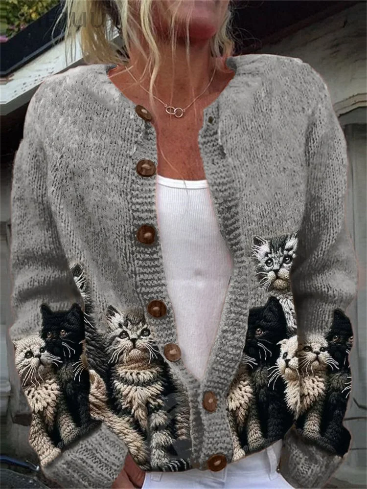 Fuzzy Cats Crochet Art Cozy Knit Cardigan