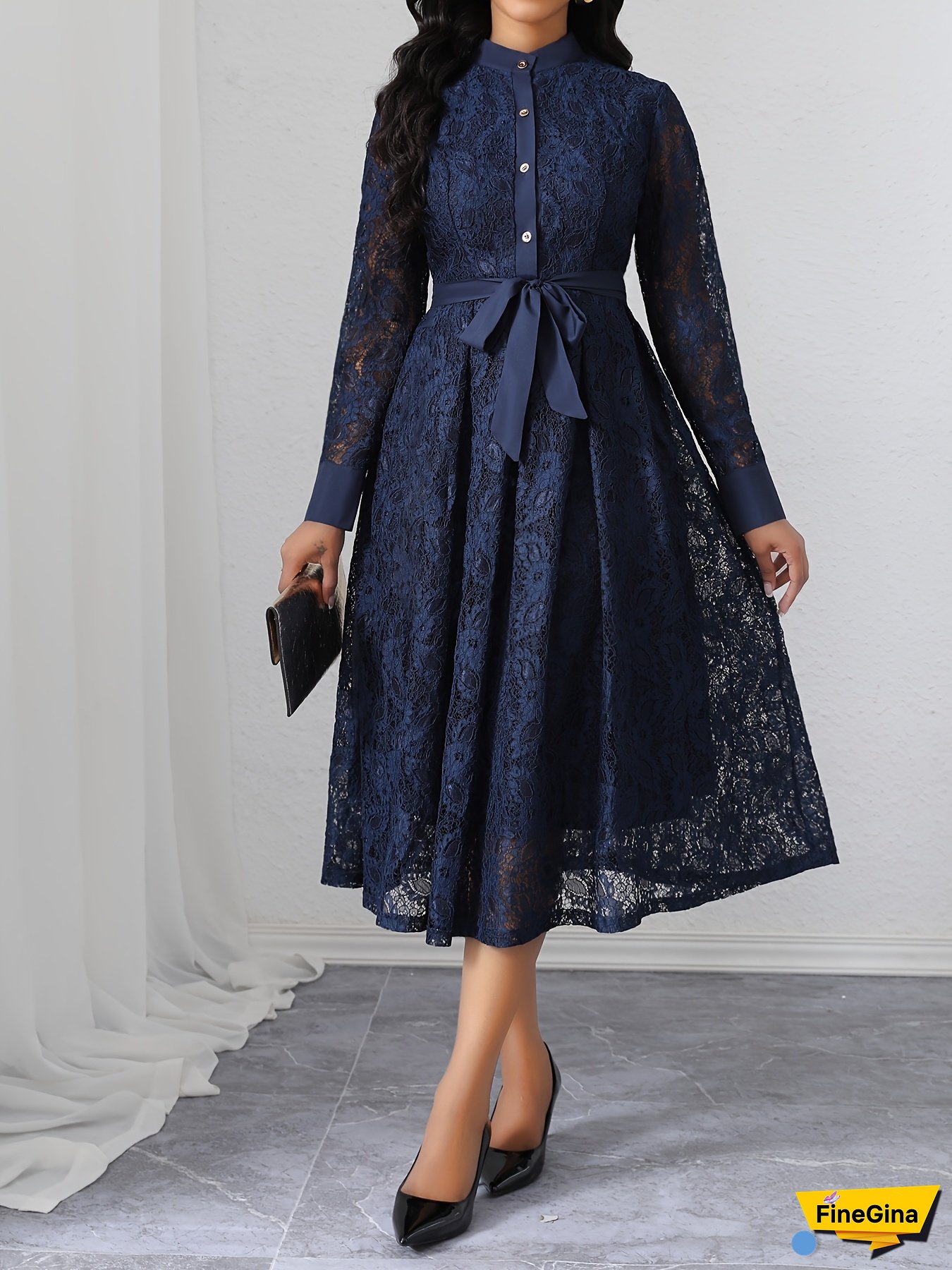 Elegant Women's Lace-Up Mid-Length Dress With Stand Collar, Long Sleeves, And Belt - Solid Color Navy Blue, A-Line Silhouette, Button Details, Machine Washable, Lace Dress