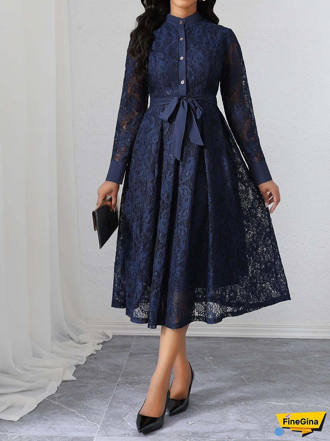 Elegant Women's Lace-Up Mid-Length Dress With Stand Collar, Long Sleeves, And Belt - Solid Color Navy Blue, A-Line Silhouette, Button Details, Machine Washable, Lace Dress