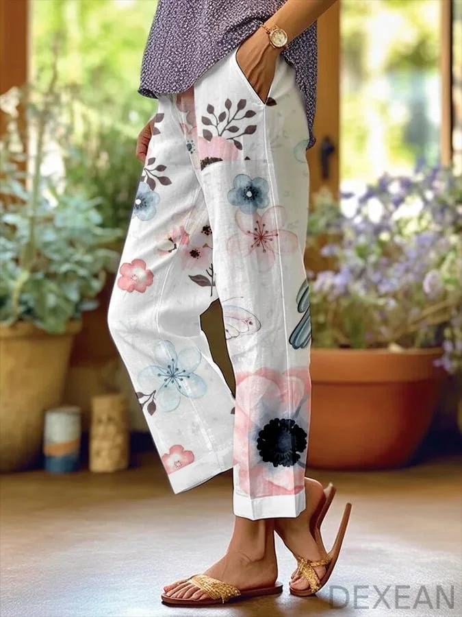Women's Botanical Floral Design Loose Pocket Patchwork Casual Pants