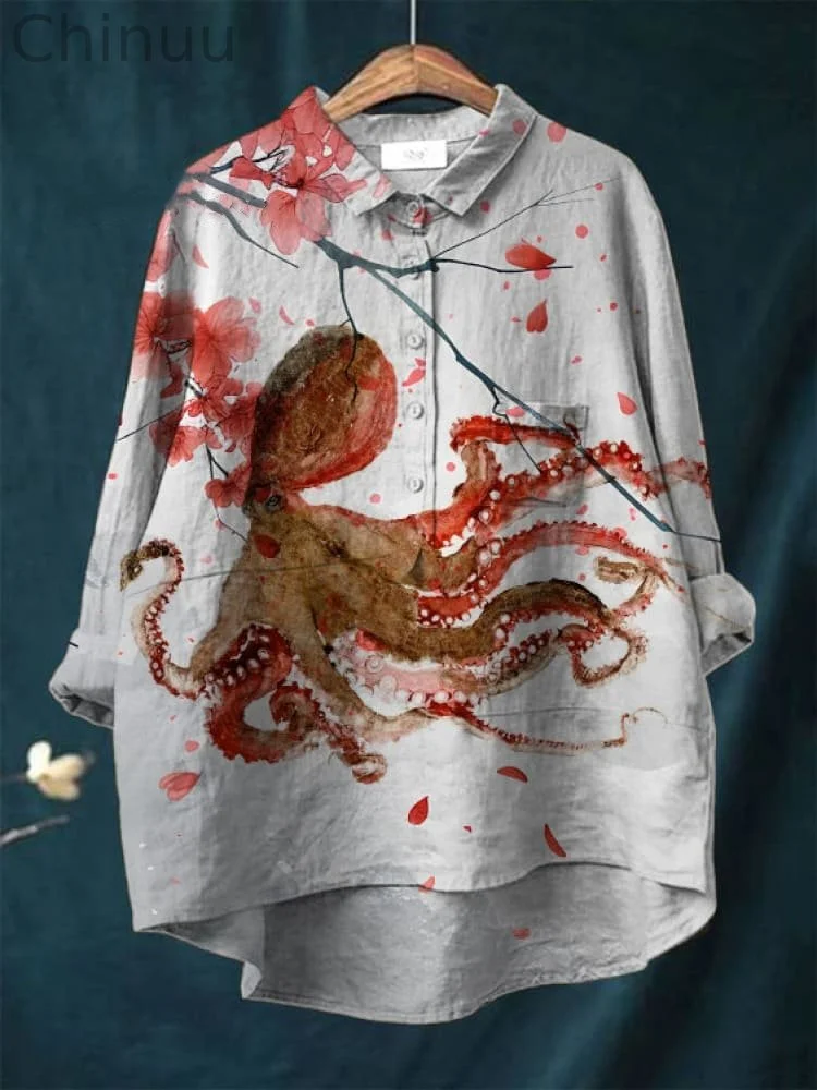 Vintage Japanese Octopus Pattern Art Print Casual Cotton And Linen Shirt