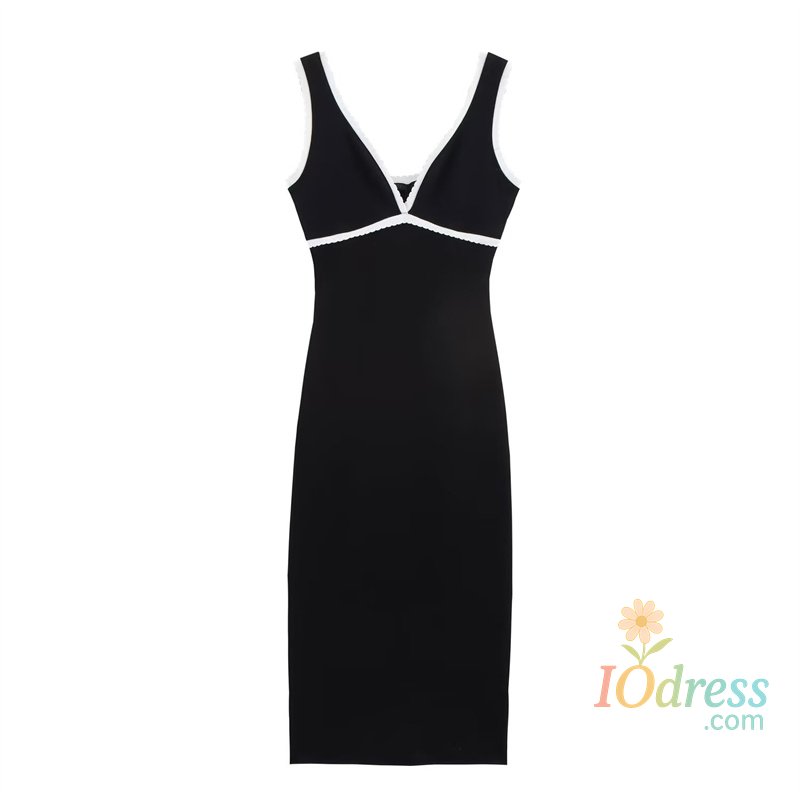 IO Dress Women's Dresses New Summer 2025 Black and White Contrasting Trim Knitted Sleeveless Dress Sexy V-Neck Design Slim and stylish