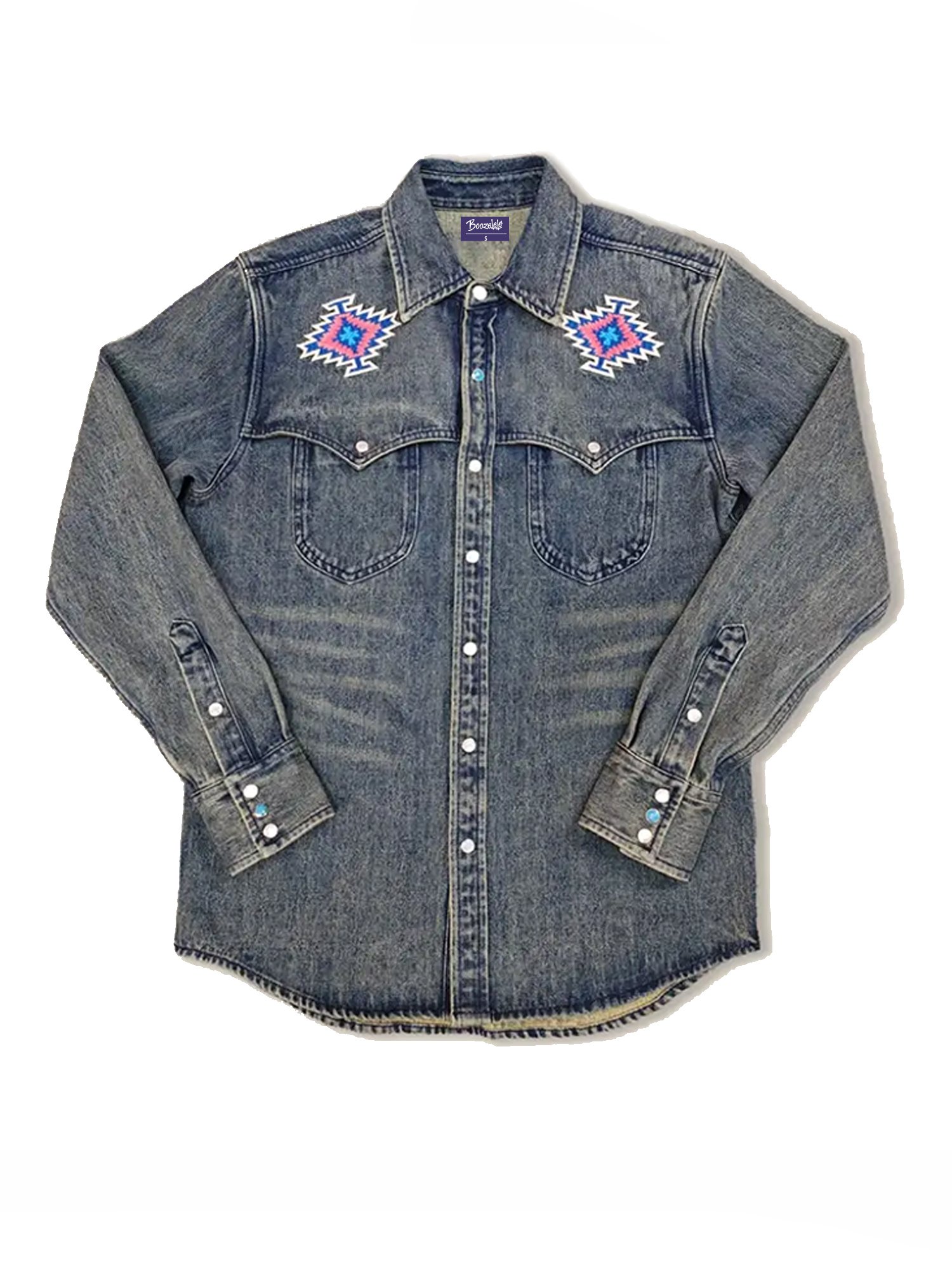 【Embroidery】American Vintage Style Embroidered Western Navajo Pattern Washed And Distressed Slim-Fit Men'S Thick Denim Shirt