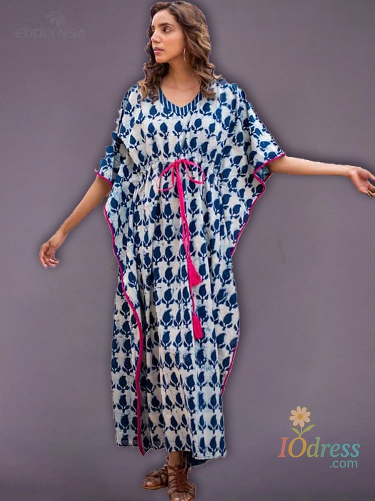 IO Dress 2025 Quick-drying Bohemian Printed Loose Summer Beach Dress Moroccan Kaftan Women Plus Size Beachwear Tassel Midi Dress Q897 IO Dress Store
