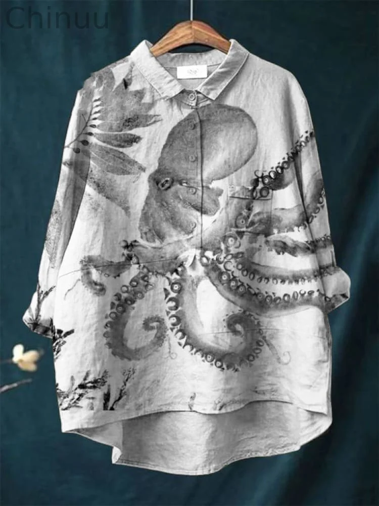 Vintage Japanese Octopus Pattern Art Print Casual Cotton And Linen Shirt