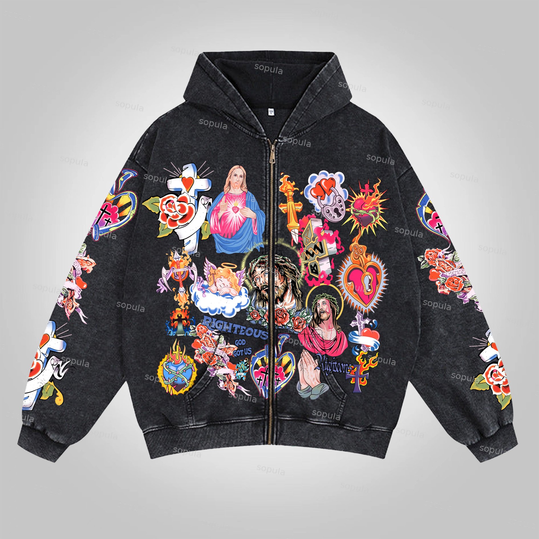 Sopula Vintage Risen King Graphic Washed Zip-Up Hoodie