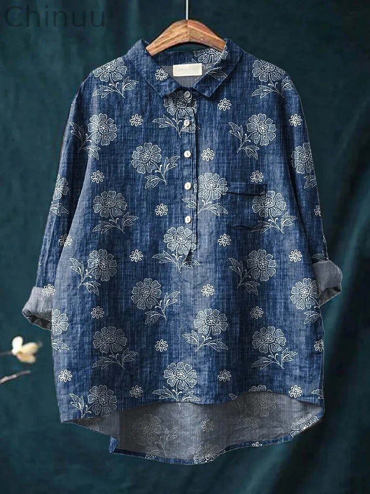 Women's Vintage Floral Art Print Casual Cotton And Linen Shirt