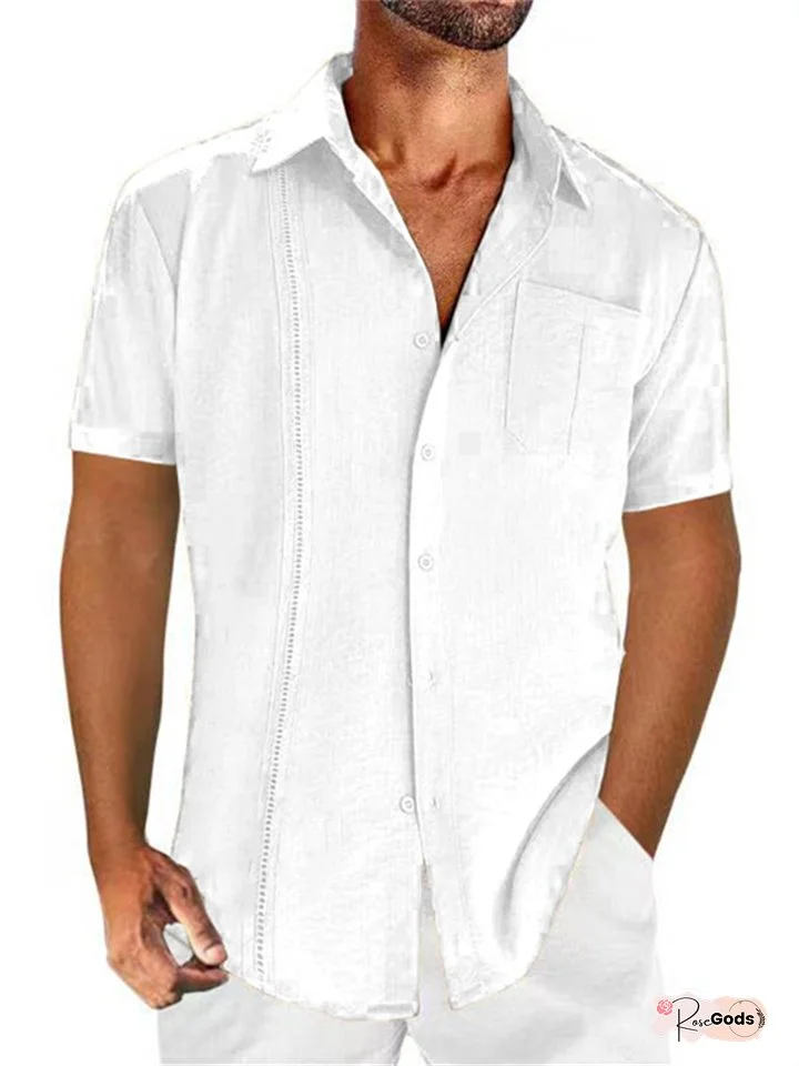 Men's Shirt Linen Shirt Button Up Shirt Summer Shirt Beach Shirt Guayabera Shirt Black White Navy Blue Short Sleeve Plain Lapel Summer Casual Daily Clothing Apparel Front Pocket