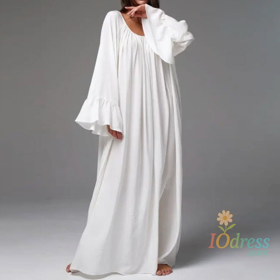 IO Dress Parc Fee Casual Loose White Women Dress 2025 Elegant U-Neck Long Sleeve Floor-Length Dresses Simple Oversize Solid Female Dress