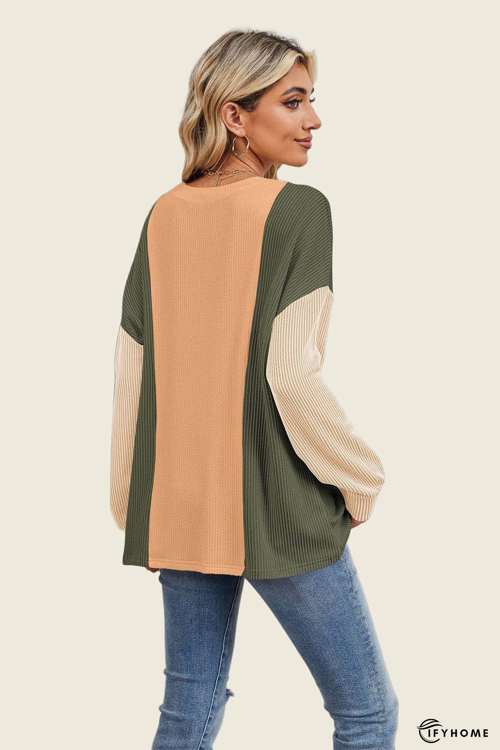 Double Take Texture Contrast Round Neck Long Sleeve T-Shirt | IFYHOME
