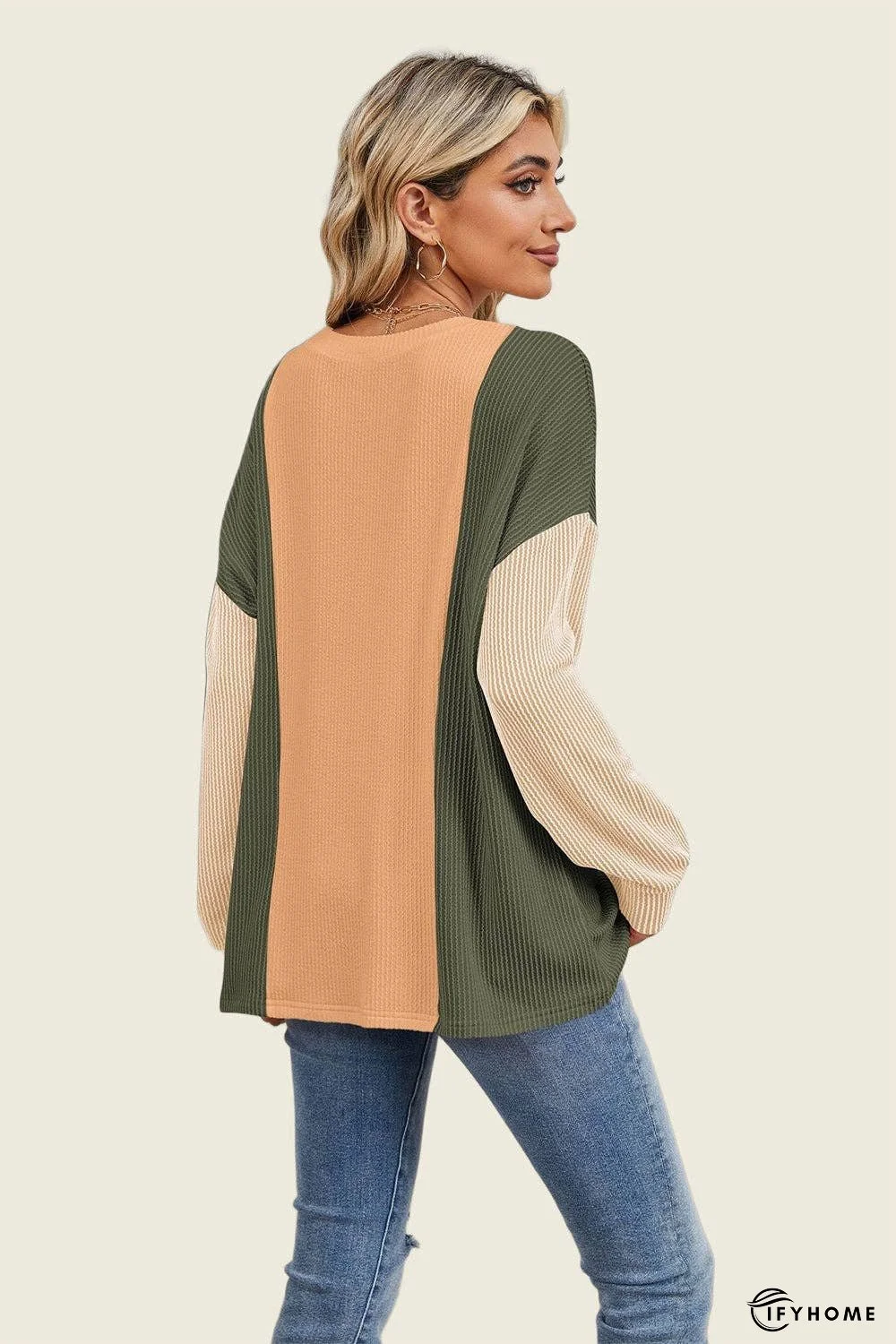 Double Take Texture Contrast Round Neck Long Sleeve T-Shirt | IFYHOME