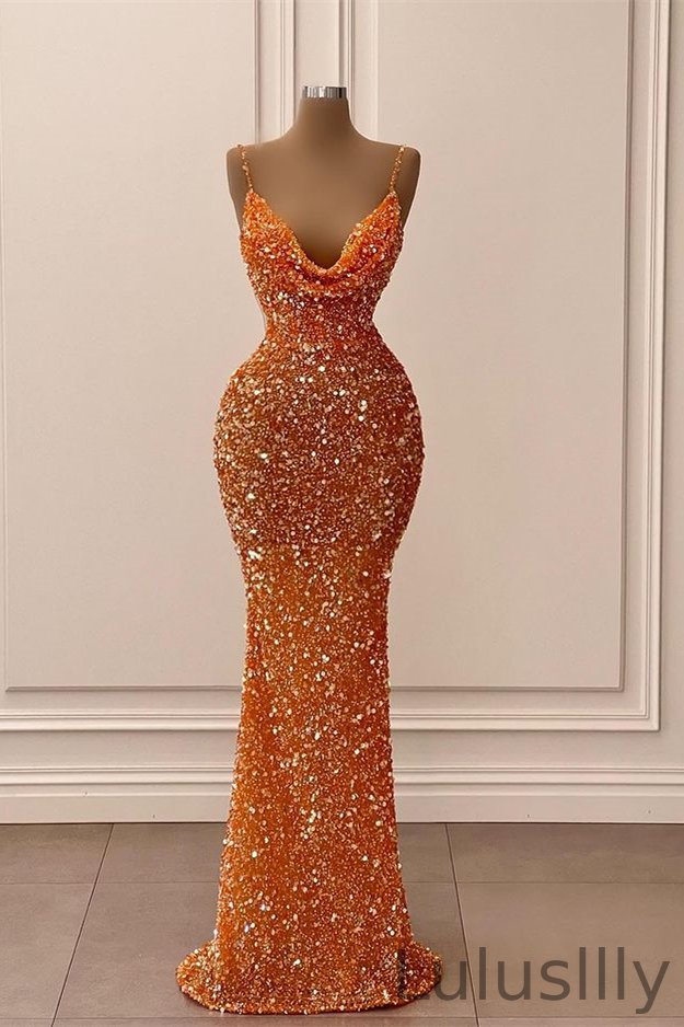 Gorgeous Orange Spaghetti-Straps V-Neck Evening Dress Sequins Mermaid Sleeveless - lulusllly