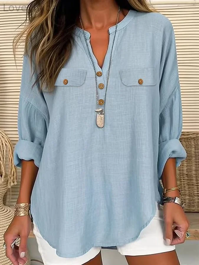 Women's Solid Color V-Neck Loose Casual Shirt