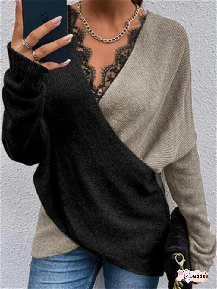 Knit Temperament Commuter Colorblocking V-Neck Loose Type Pullover Women's Urban Style Knit Top