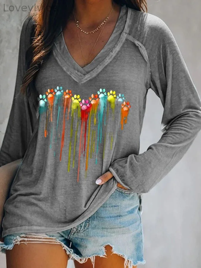 Women's Colorful Dog Paw Print V-Neck T-Shirt