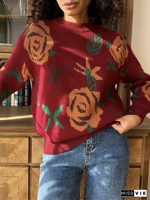 Long Sleeves Loose Flower Print Round-Neck Pullovers Sweater Tops
