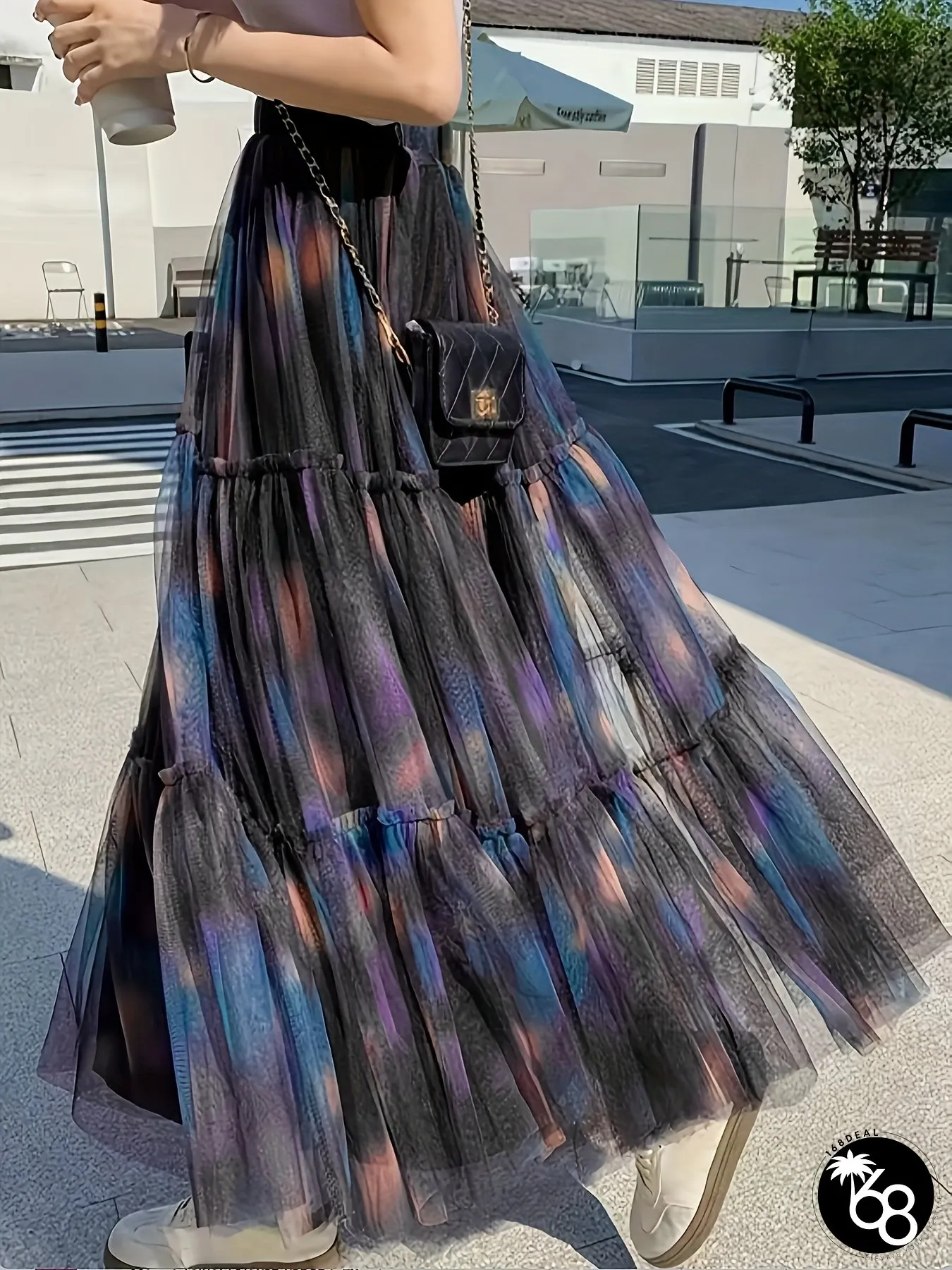 Womens Elegant High-Waisted A-line Tiered Tulle Skirt Multicolor Gradient Design | 168DEAL