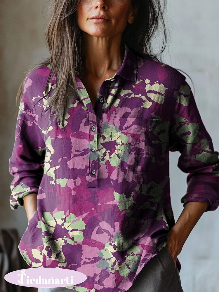 Women's Vintage Flower Art Print Casual Cotton And Linen Shirt