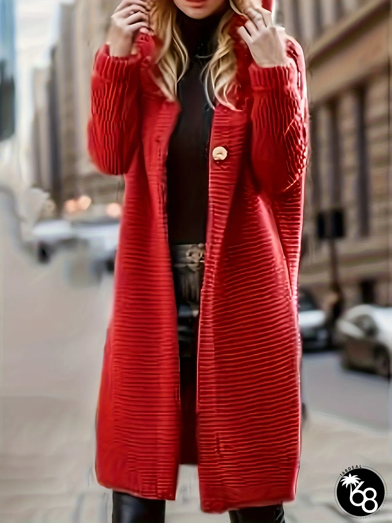 Womens Elegant Red Ribbed Hooded Cardigan Loose Fit Long Sleeve Single-Brasted with Button | 168DEAL
