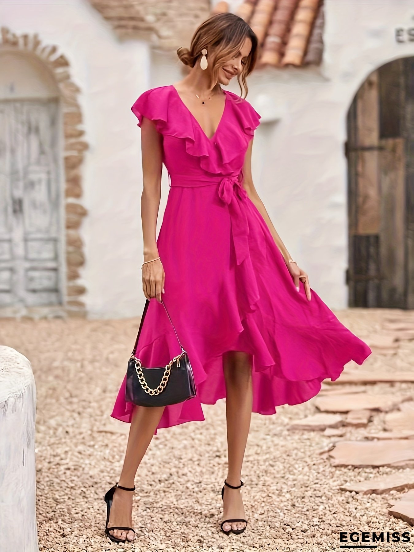 [Elegant Belted Wrap Dress] Elegant Belted Wrap Dress - Women's Flared A-Line Party & Formal Dress, Non-See-Through Fabric, Spring/Fall/Summer, Formal & Casual Outfits, Fall Wardrobe, Ruffled Neckline, Durable Construction, Stylish Outfit, Fashion Lovers | EGEMISS